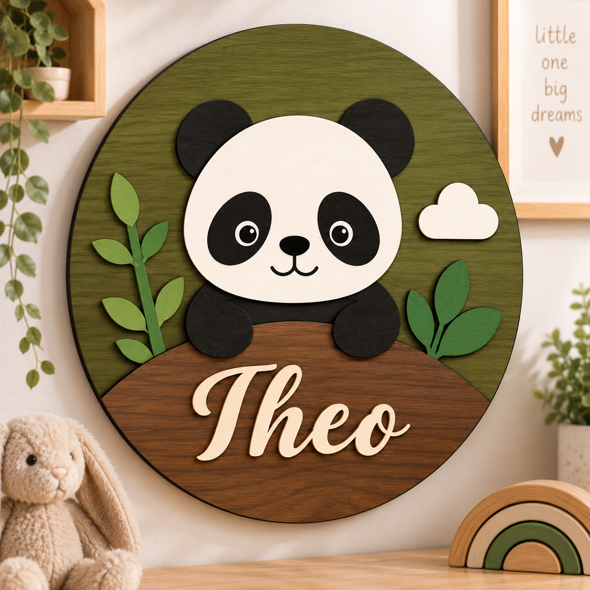 Personalised Wooden Panda Name Sign Kids Nursery Bedroom Wall Decor