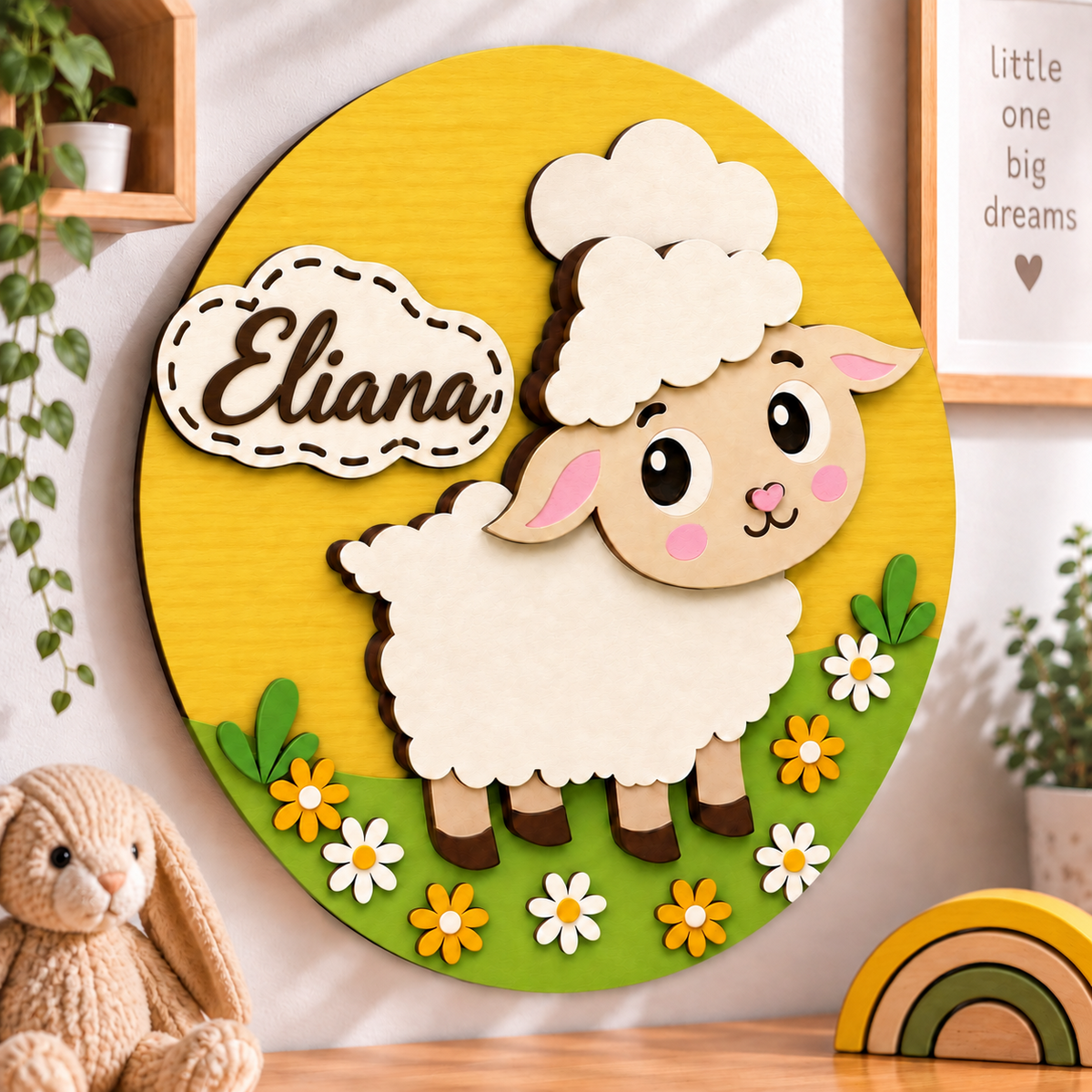 Personalised Wooden Sheep Name Sign Kids Nursery Bedroom Wall Decor