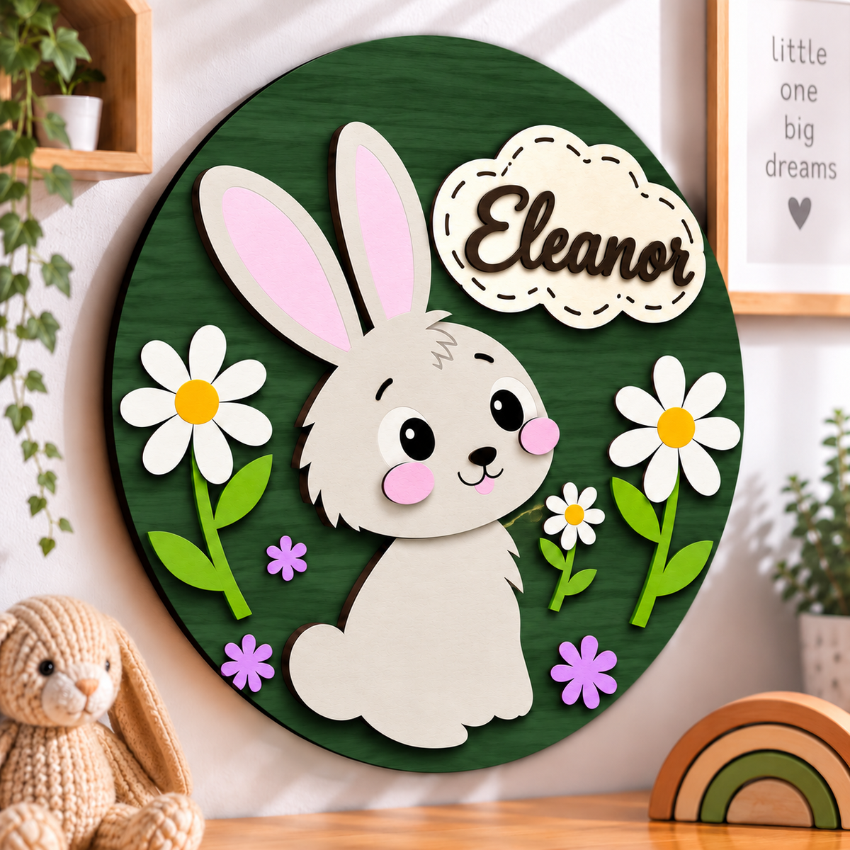 Personalised Wooden Bunny Name Sign Kids Nursery Bedroom Wall Decor