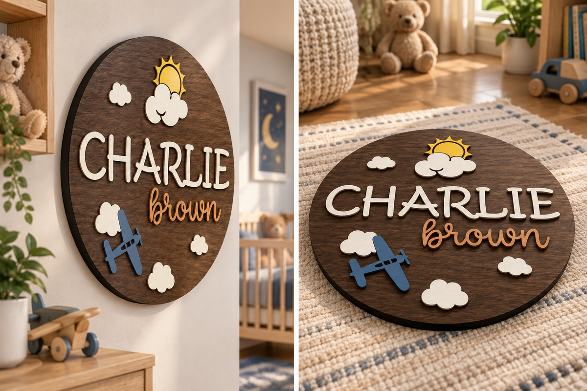 Personalised Aeroplane Name Sign Kids Nursery Bedroom Wall Decor