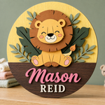 Personalised Wooden Lion Name Sign Kids Nursery Bedroom Wall Decor