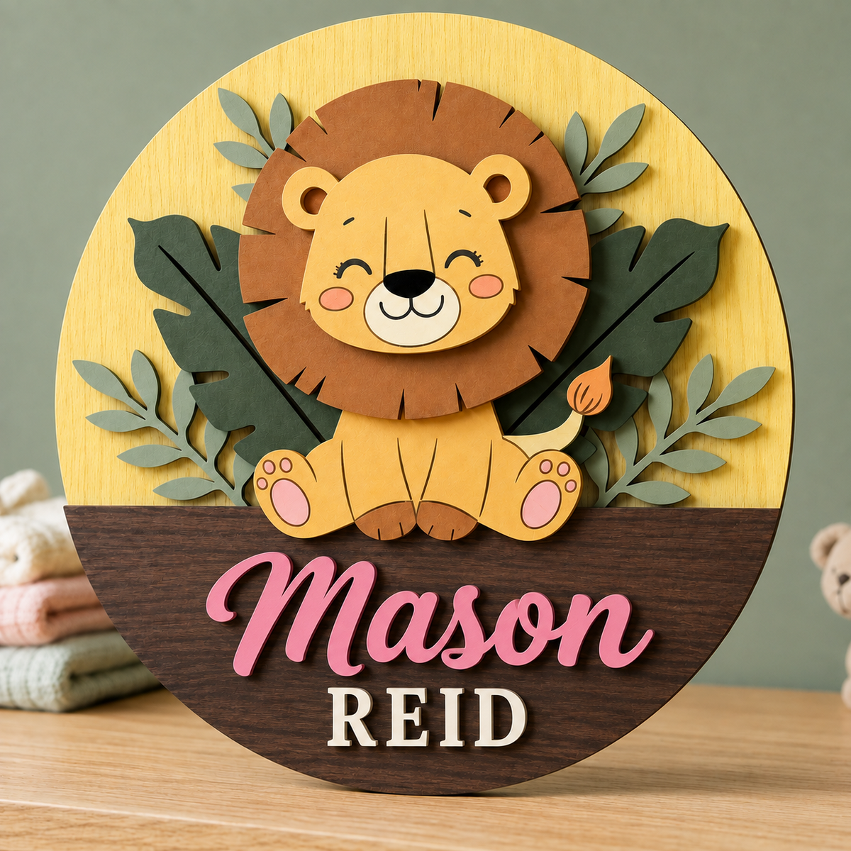 Personalised Wooden Lion Name Sign Kids Nursery Bedroom Wall Decor