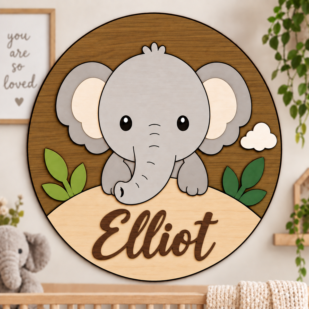Personalised Wooden Elephant Name Sign Kids Nursery Bedroom Wall Decor