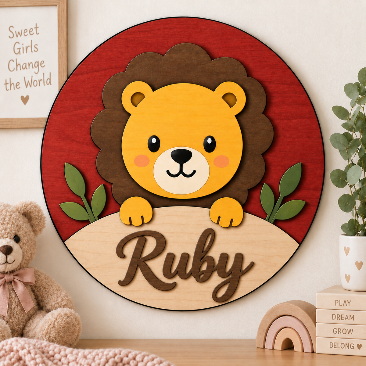 Personalised Wooden Lion Name Sign Kids Nursery Bedroom Wall Decor