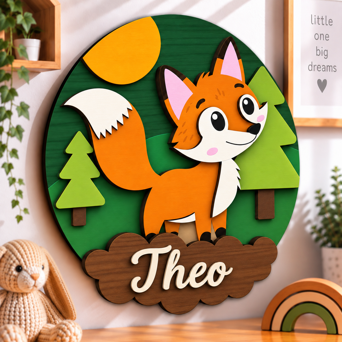 Personalised Wooden Fox Name Sign Kids Nursery Bedroom Wall Decor