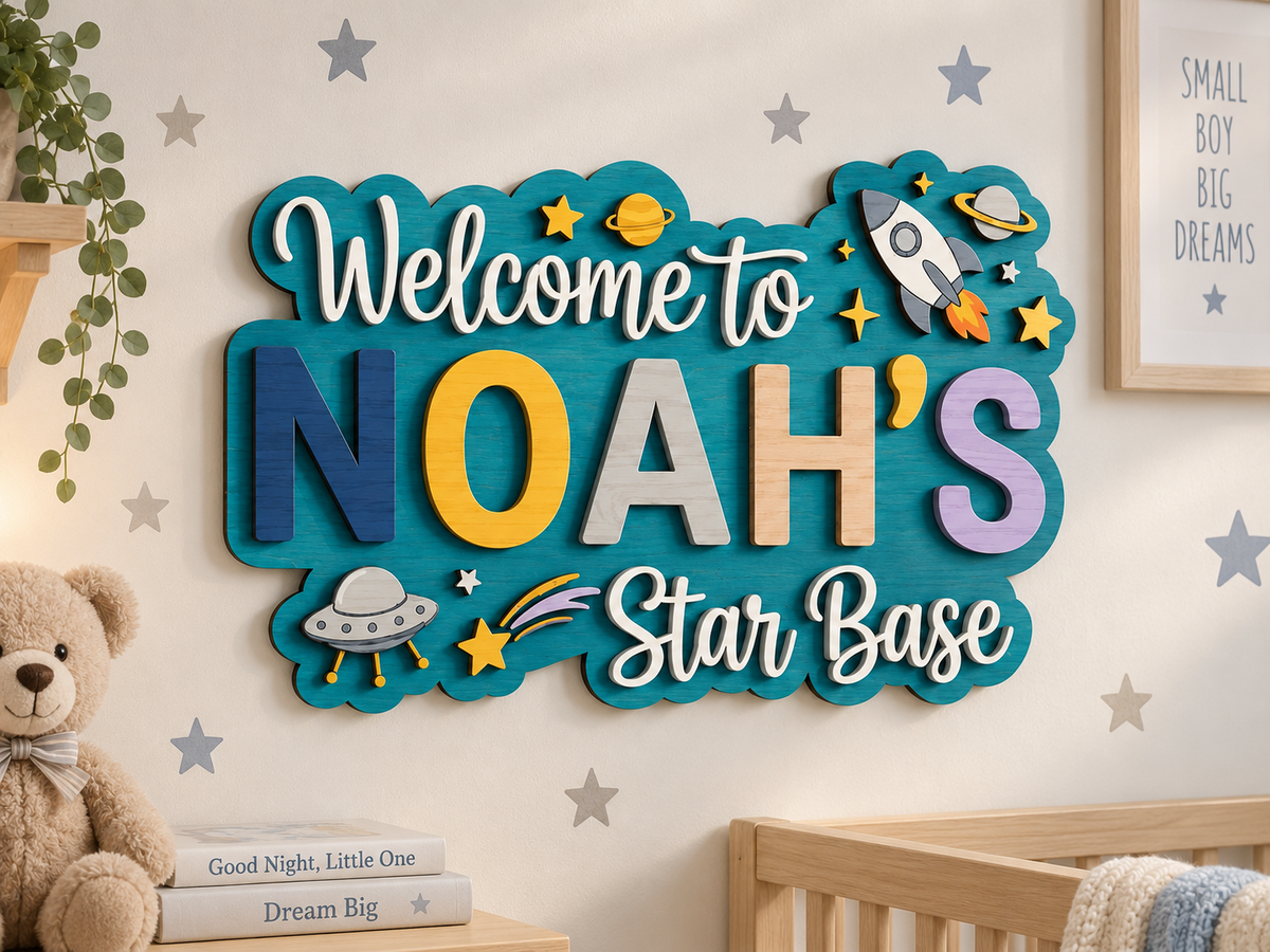 Personalised Space Name Sign Kids Nursery Bedroom Wall Decor Star Base