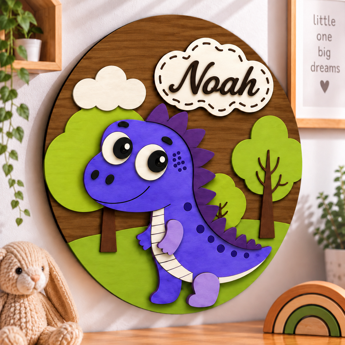 Personalised Wooden Dinosaur Name Sign Kids Nursery Bedroom Wall Decor