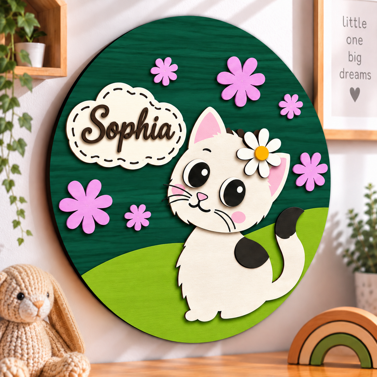 Personalised Wooden Cat Name Sign Kids Nursery Bedroom Wall Decor